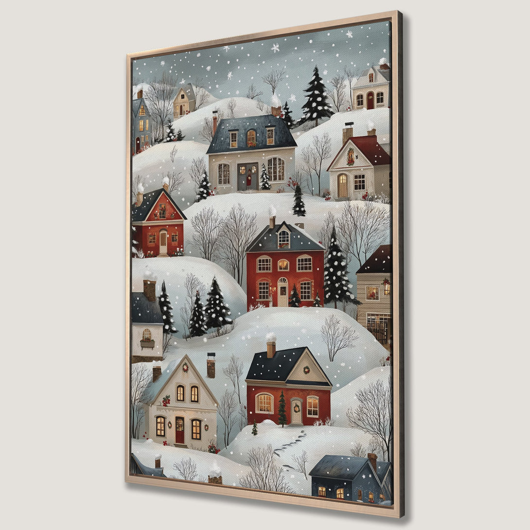 Framed Wall Art featuring a charming winter village scene. Cozy cottage illustration with a snowy landscape in a warm, inviting color palette. Perfect for holiday decor!