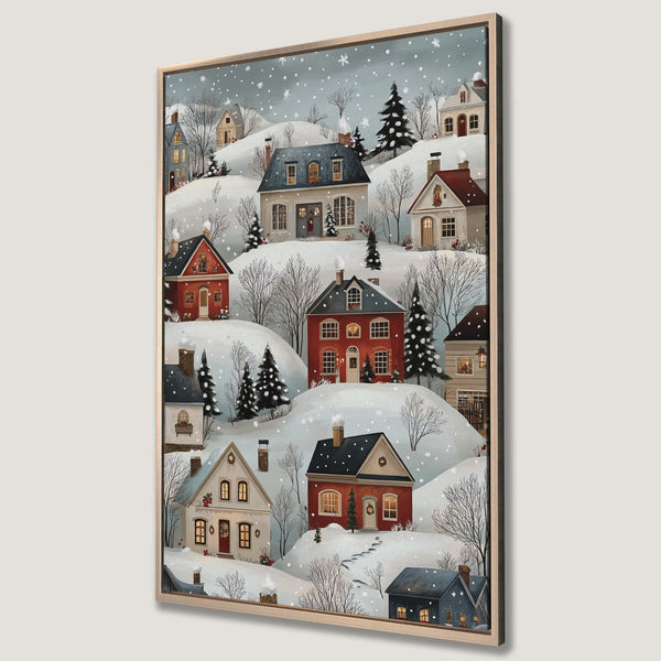 Framed Wall Art featuring a charming winter village scene. Cozy cottage illustration with a snowy landscape in a warm, inviting color palette. Perfect for holiday decor!