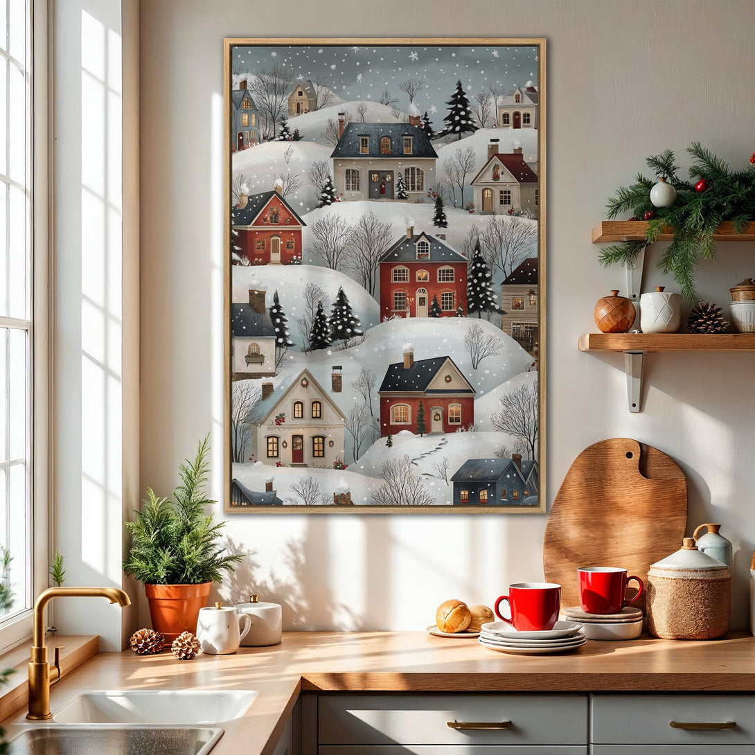 Framed Wall Art: Winter village scene in a cozy kitchen. Charming illustration with red, white, and blue hues. Perfect for holiday decor.