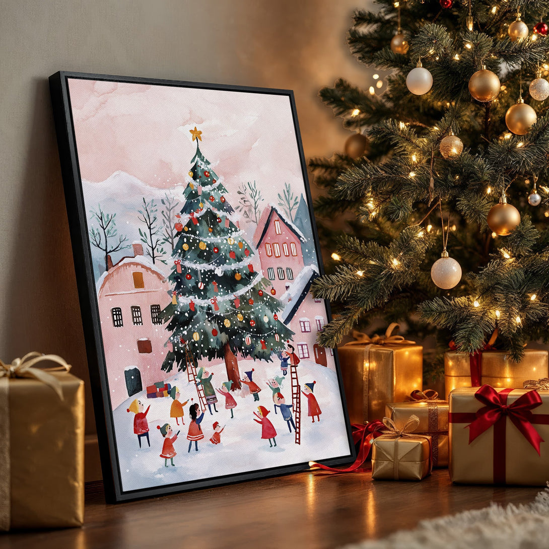 Framed Wall Art: Charming watercolor Christmas scene with a festive color palette. Perfect holiday decor for your home!