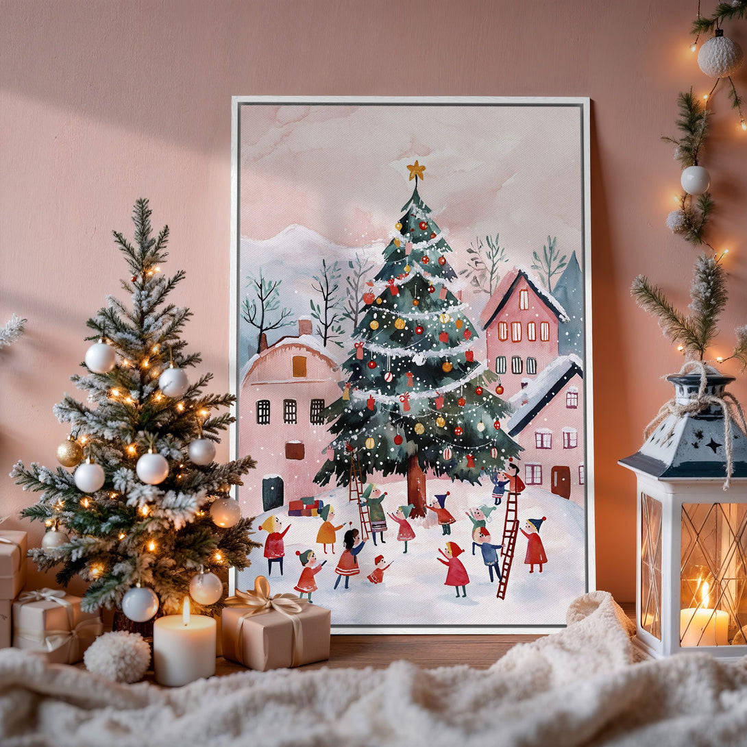 Framed Wall Art: Whimsical watercolor Christmas scene in soft pinks and greens. Perfect holiday decor for a cozy, festive home.