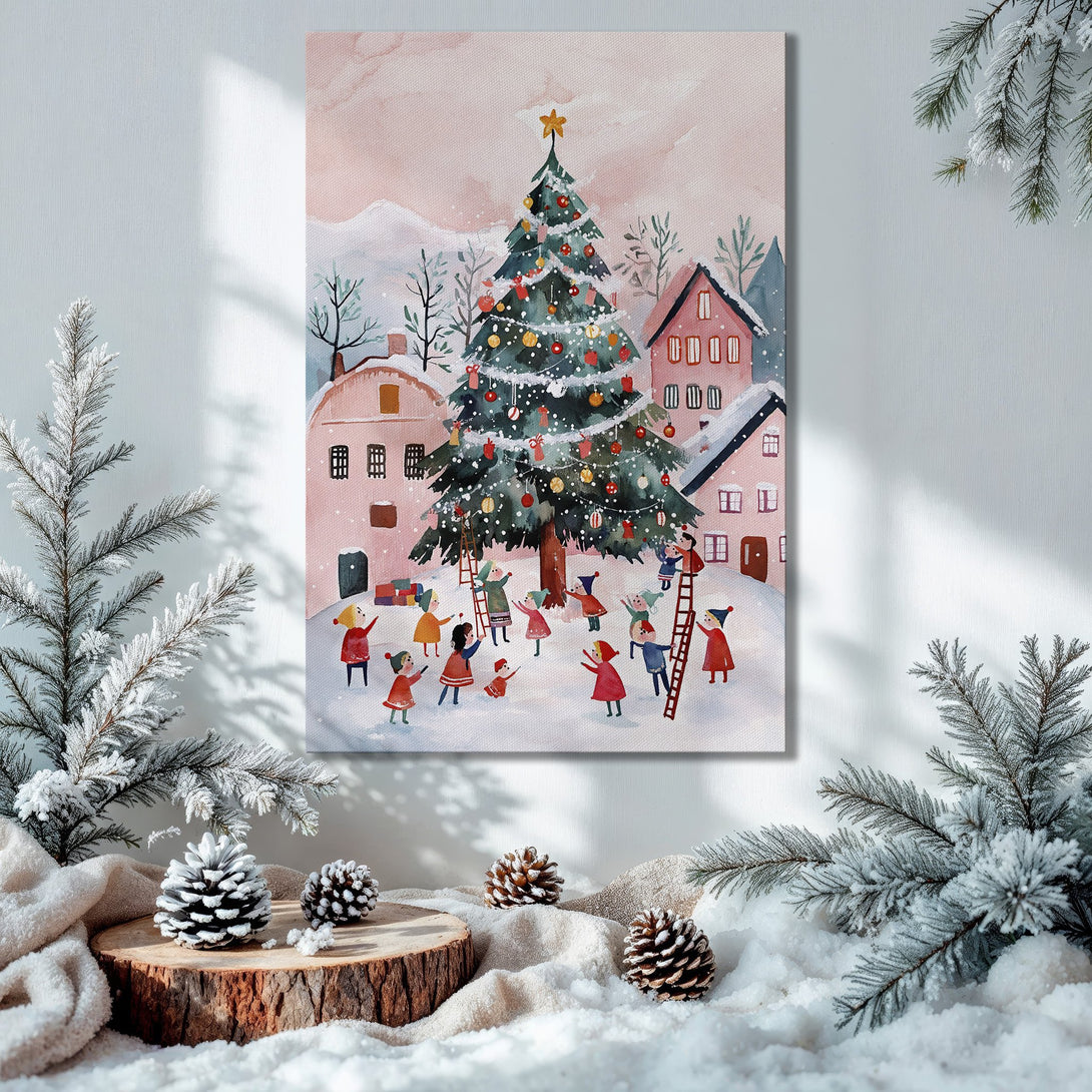 Framed Wall Art: Whimsical Christmas scene with a festive tree, snowy village, and warm pink hues. Perfect holiday decor!