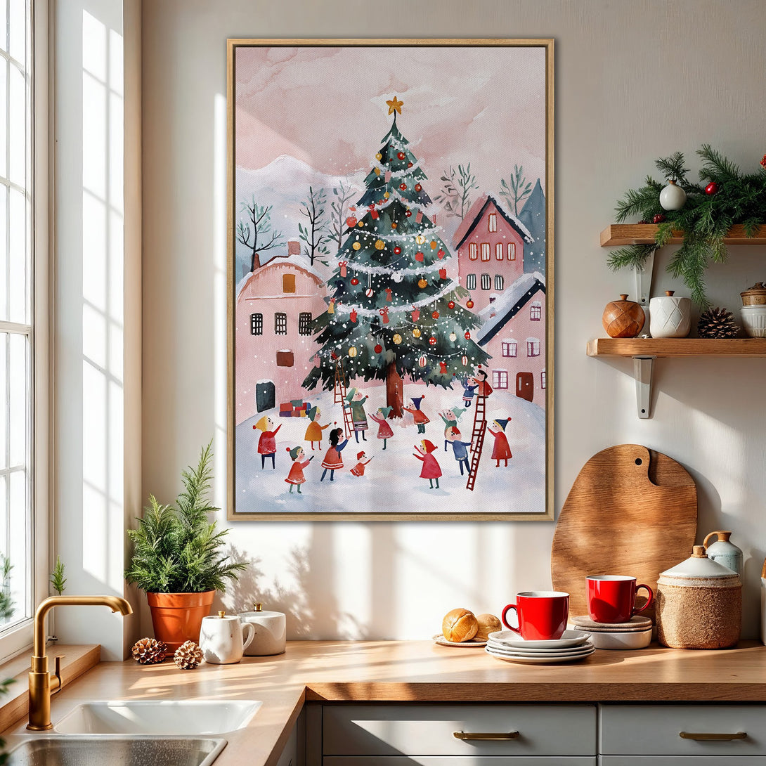 Framed Wall Art featuring a whimsical Christmas scene in watercolor style. Soft pink, green, and red color palette. Perfect holiday decor for your home.