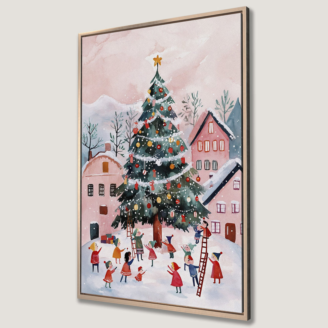 Framed Wall Art: Watercolor Christmas scene with children decorating a tree. Soft pink, green, and red color palette. Whimsical style perfect for holiday decor.