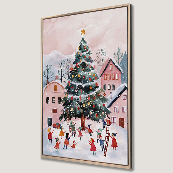 Framed Wall Art: Watercolor Christmas scene with children decorating a tree. Soft pink, green, and red color palette. Whimsical style perfect for holiday decor.