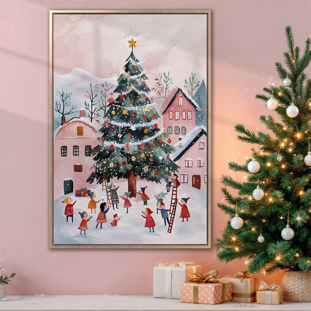 Framed Wall Art featuring a whimsical Christmas scene in watercolor style. Soft pink and muted tones create a cozy, festive vibe for your holiday decor.