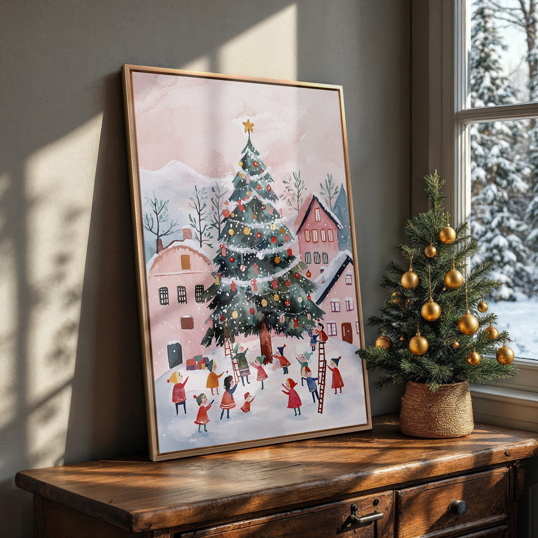 Framed Wall Art: Watercolor Christmas scene with a decorated tree, children, and pink houses. Soft, festive color palette for holiday decor.