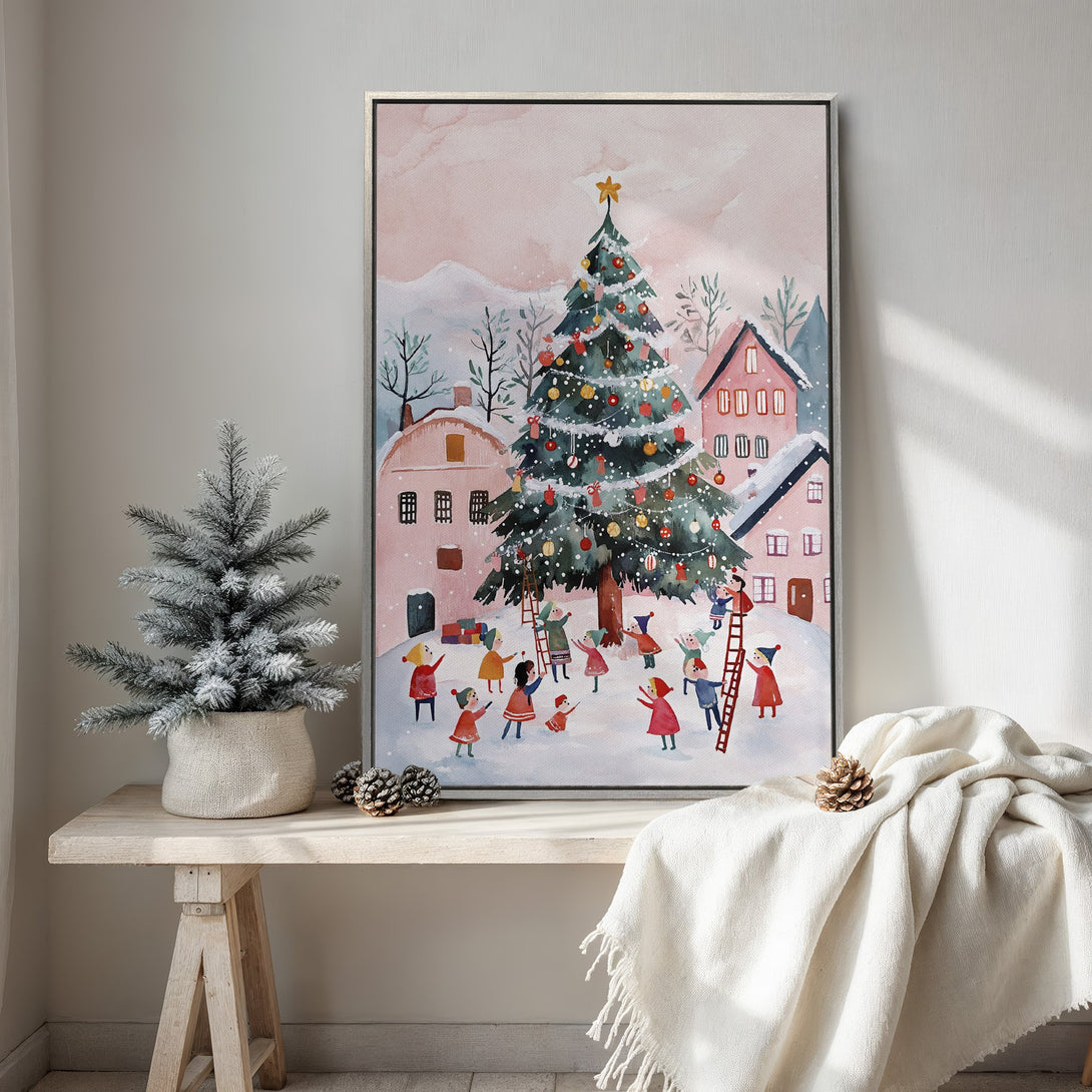 Framed Wall Art featuring a whimsical Christmas scene in soft watercolor style. Pastel pink and green tones create a cozy, festive atmosphere.