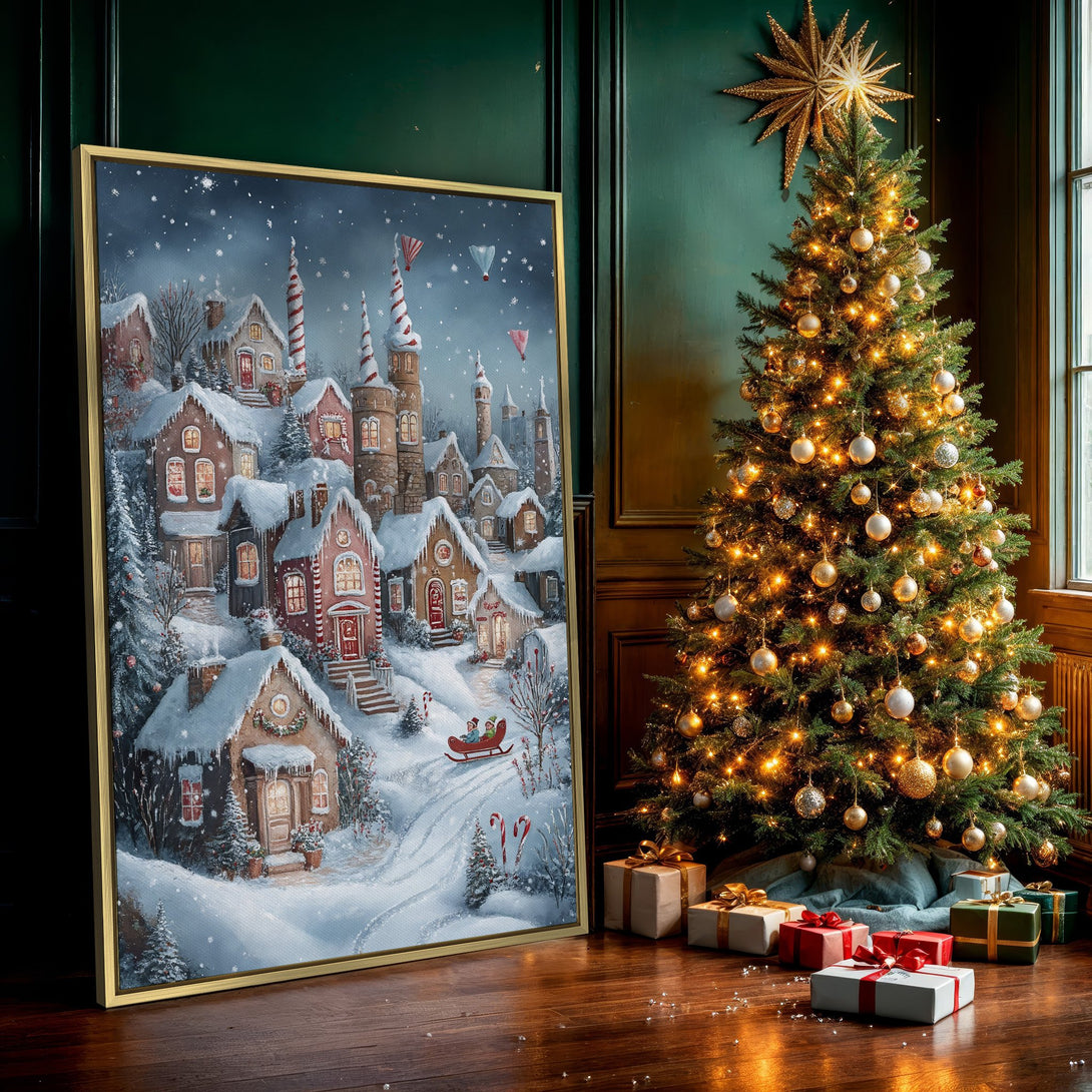 Canvas Print of a whimsical winter village scene in a cozy, warm color palette. Perfect wall art for Christmas decor!
