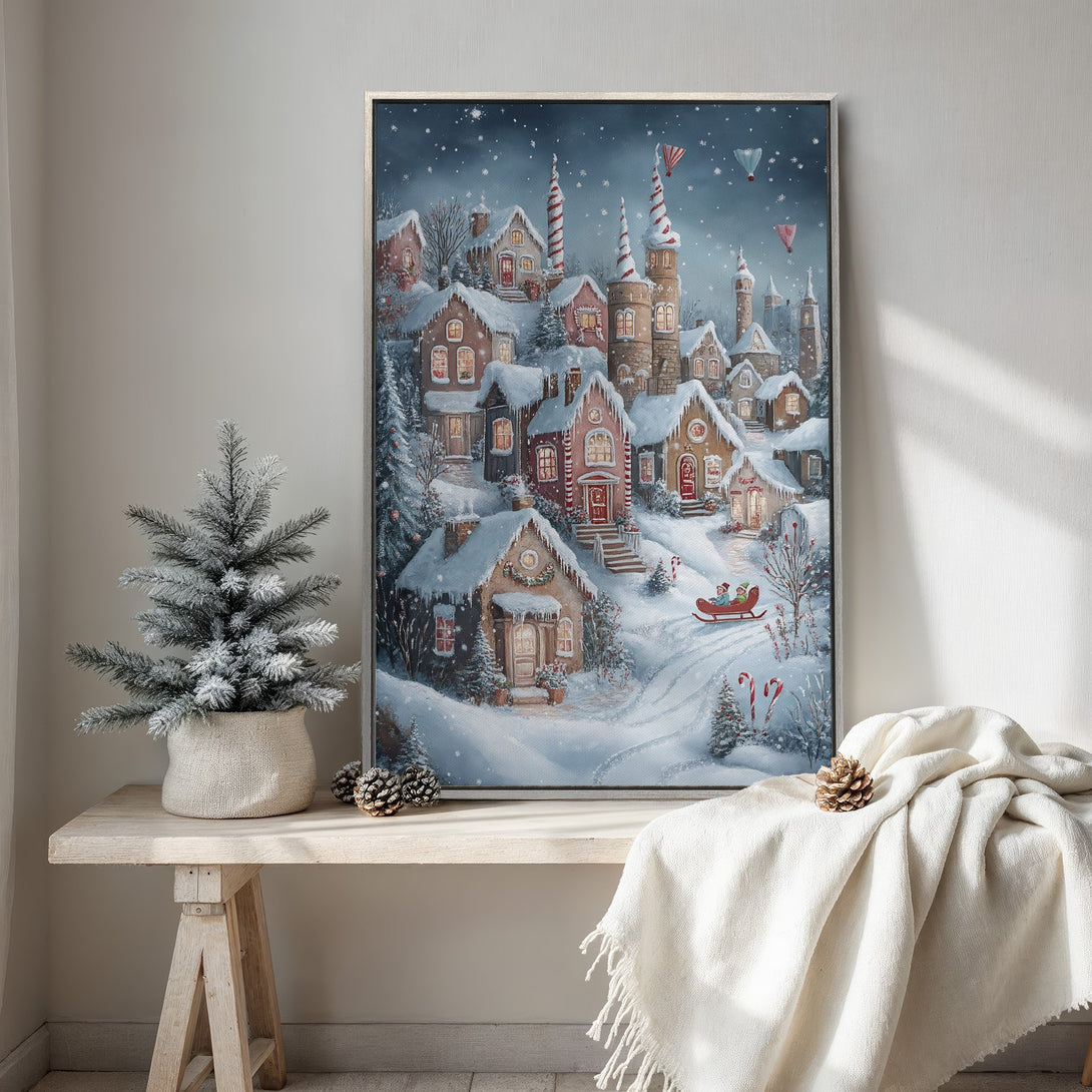 Framed Wall Art of a charming winter village scene in a whimsical style with a blue, white, and red color palette. Perfect Christmas decor!