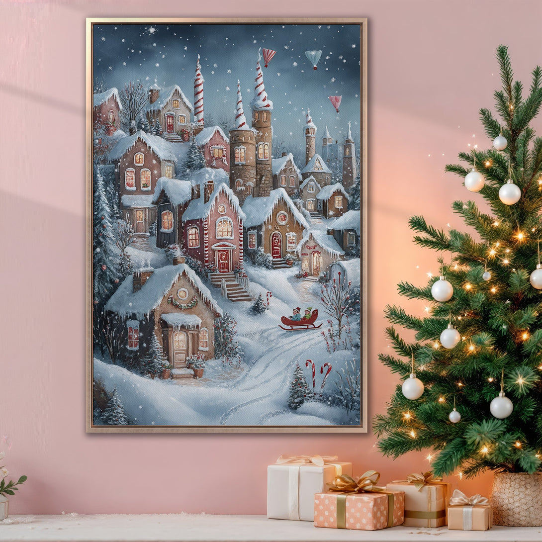 Framed Wall Art: Winter village scene Canvas Print in a cozy interior. Features a snowy landscape with a blue and white color palette, perfect for Christmas decor.