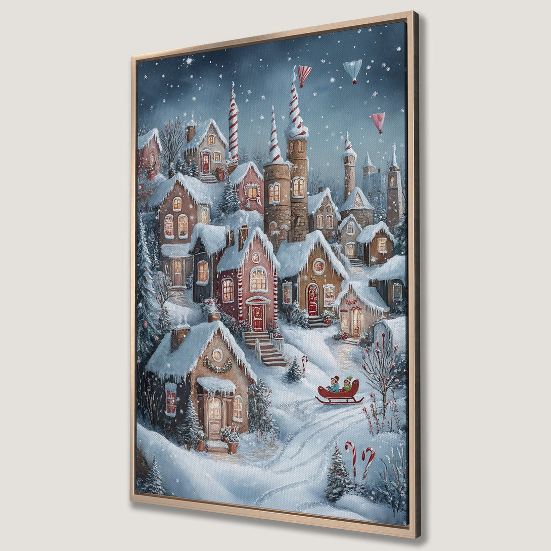 Framed Wall Art: Winter village scene with snow-covered houses, warm lights, and a sleigh. Charming holiday decor in a blue and warm color palette.