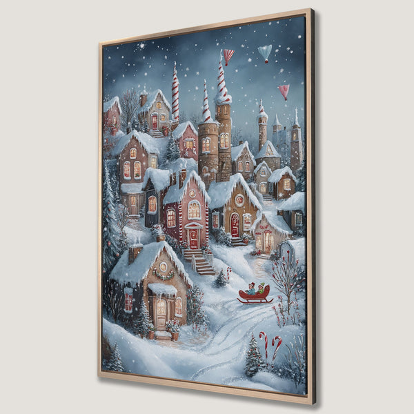 Framed Wall Art: Winter village scene with snow-covered houses, warm lights, and a sleigh. Charming holiday decor in a blue and warm color palette.