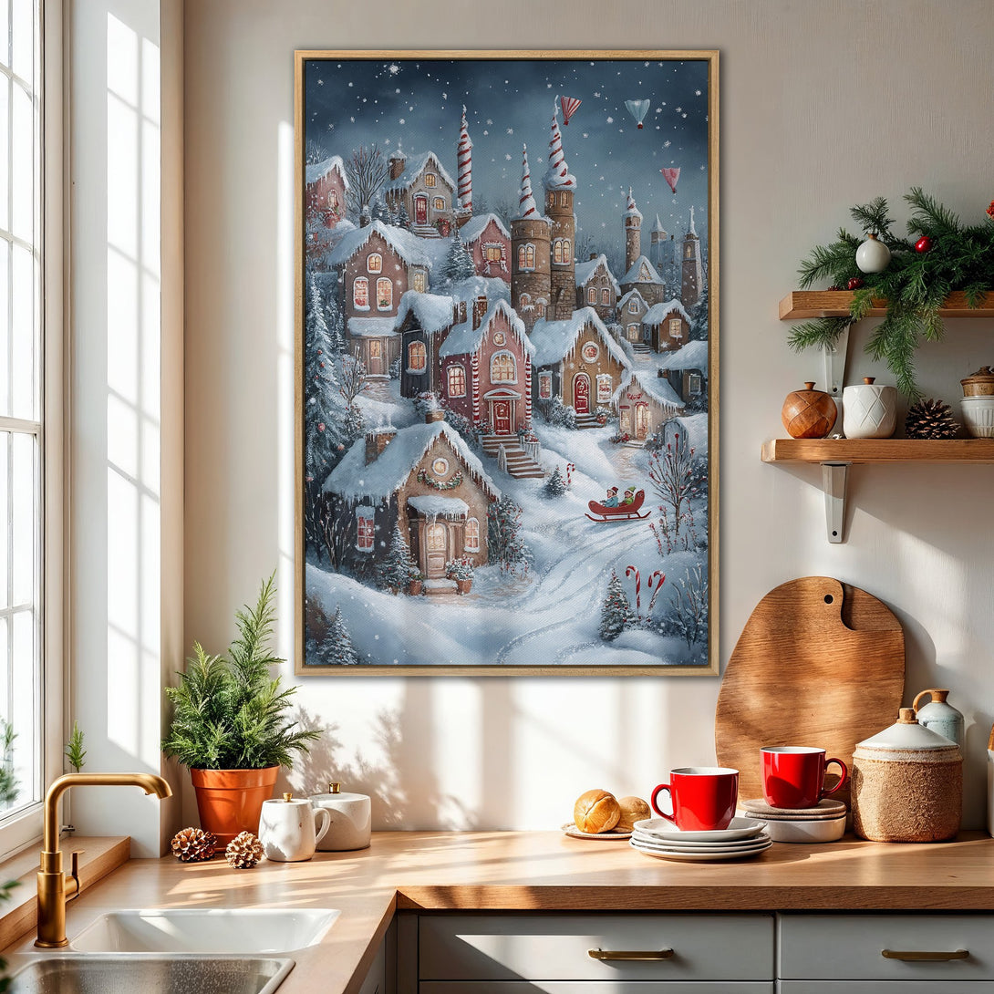 Framed Wall Art featuring a charming winter village scene. Cozy, whimsical style with a blue, white, and red color palette. Perfect holiday decor!
