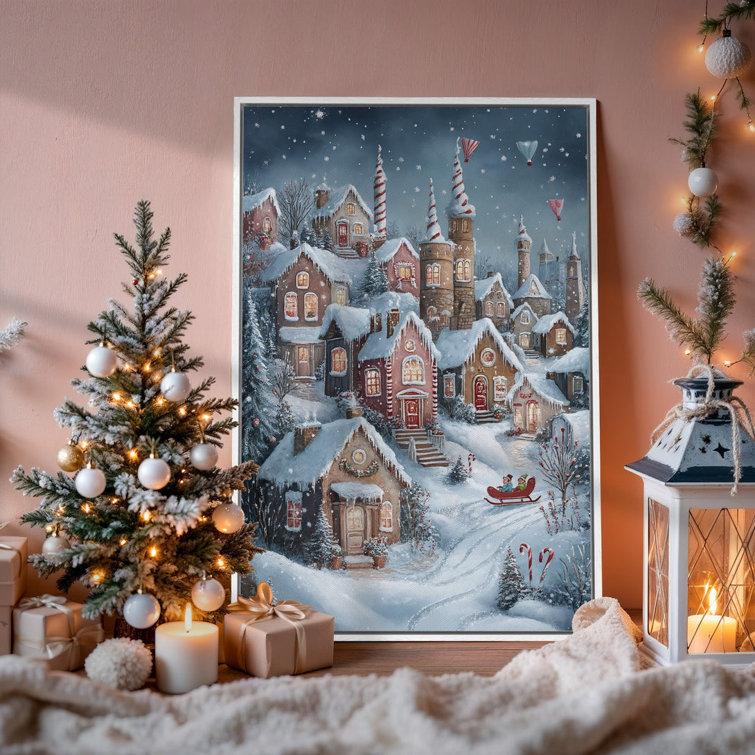 Framed Wall Art: Winter village scene Canvas Print with snowy houses, warm reds & blues. Perfect holiday decor for a cozy, festive atmosphere.