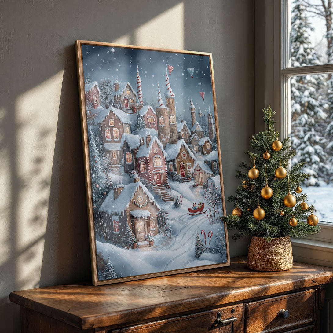 Framed Wall Art featuring a charming winter village scene in a warm, inviting color palette. Perfect holiday decor!