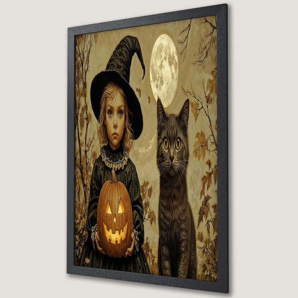Framed Poster featuring a witch girl, cat, and pumpkin. Vintage style with warm, earthy tones. Perfect Halloween decor!