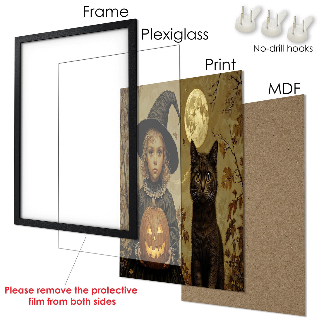 Framed Poster featuring a witch and black cat, with a vintage style and warm color palette, perfect Halloween decor.