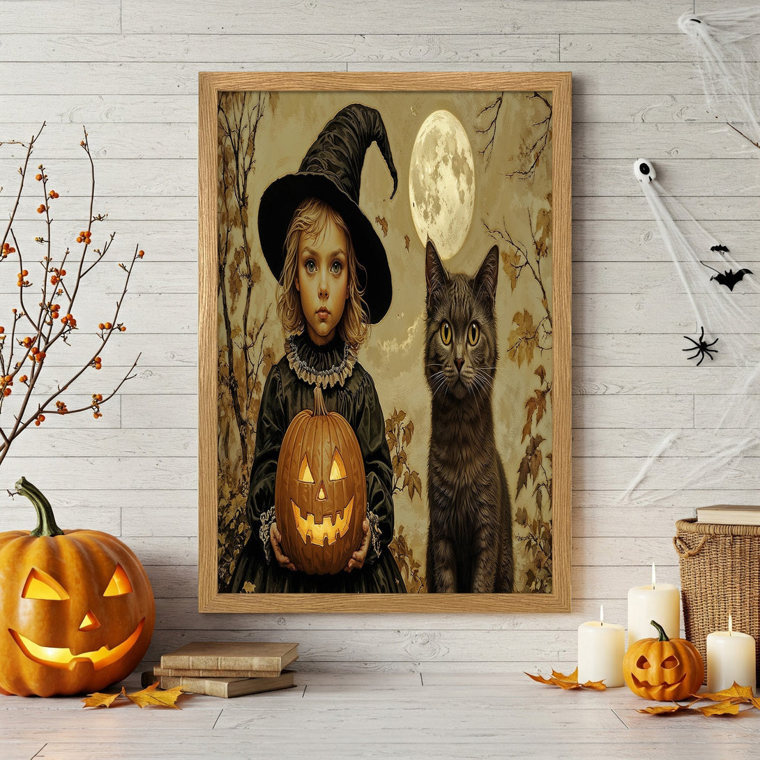 Framed Poster featuring a witch with a cat, holding a jack-o'-lantern. Vintage style, warm neutral color palette, perfect Halloween decor.