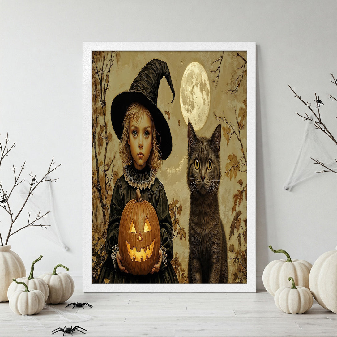 Framed Poster featuring a witch girl, cat, and pumpkin in vintage style. Warm, autumnal color palette perfect for Halloween decor.