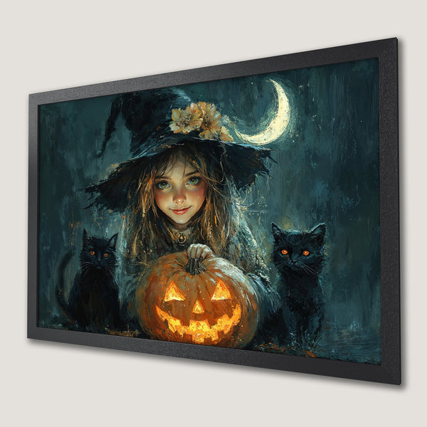 Framed Poster of a witch with a Jack-o'-lantern and black cats, painted in a dark, painterly style with a teal and orange color palette. Perfect Halloween decor!
