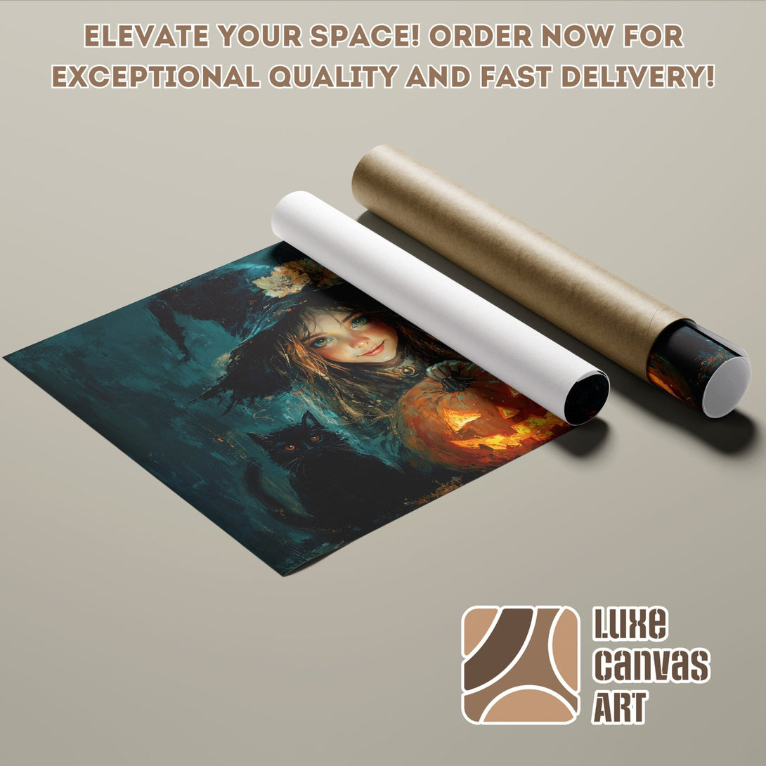 Poster Roll featuring a witch and black cat in a dark, painterly style with teal and orange hues.