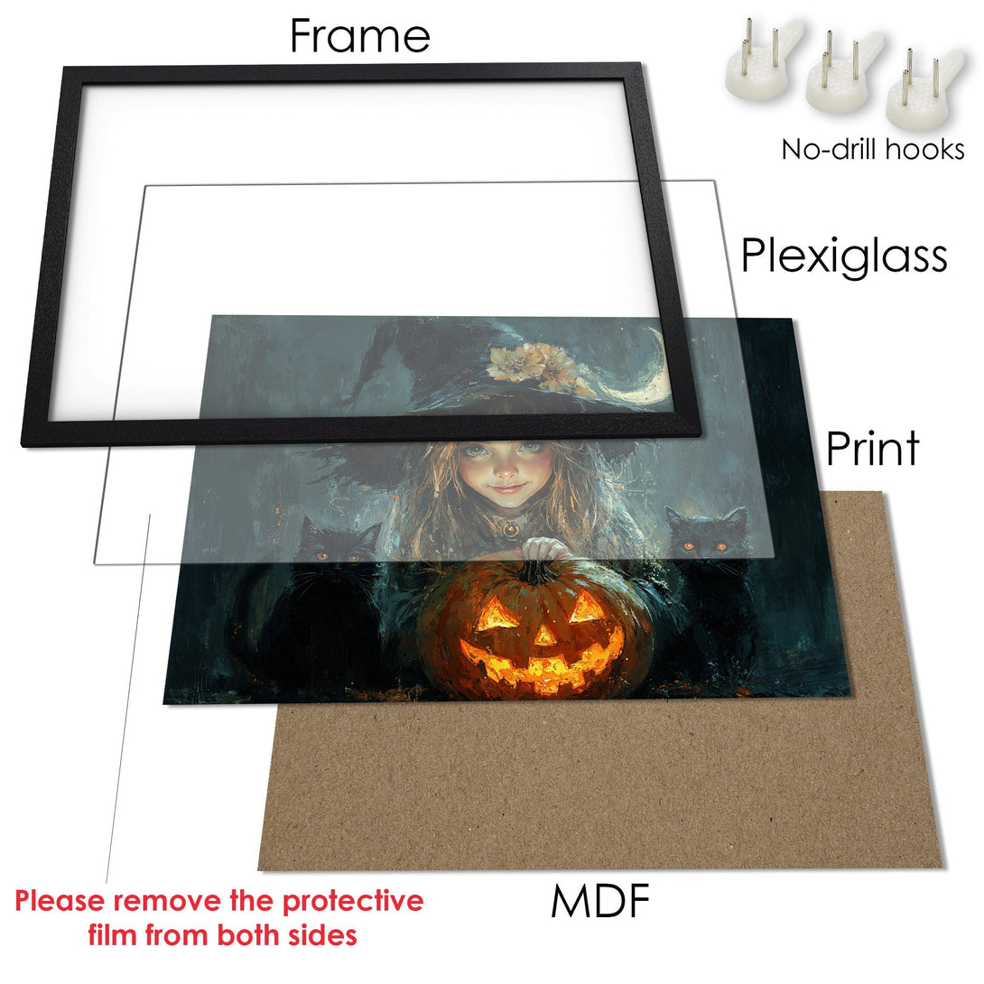 Framed Poster featuring a spooky witch girl and pumpkin, dark teal & orange palette, perfect Halloween decor.