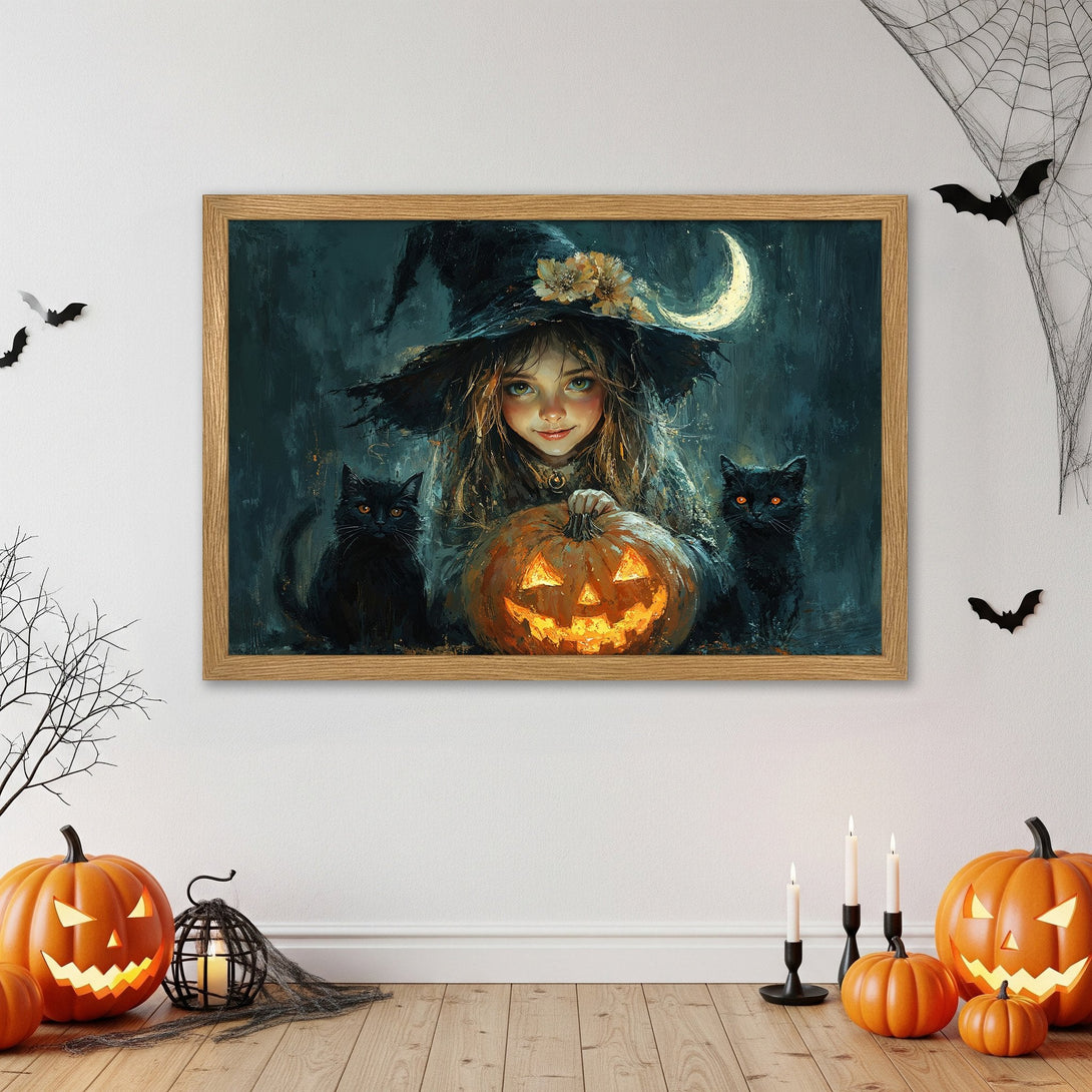 Framed Poster featuring a witch with a pumpkin, in a dark teal and orange palette. Perfect Halloween decor!