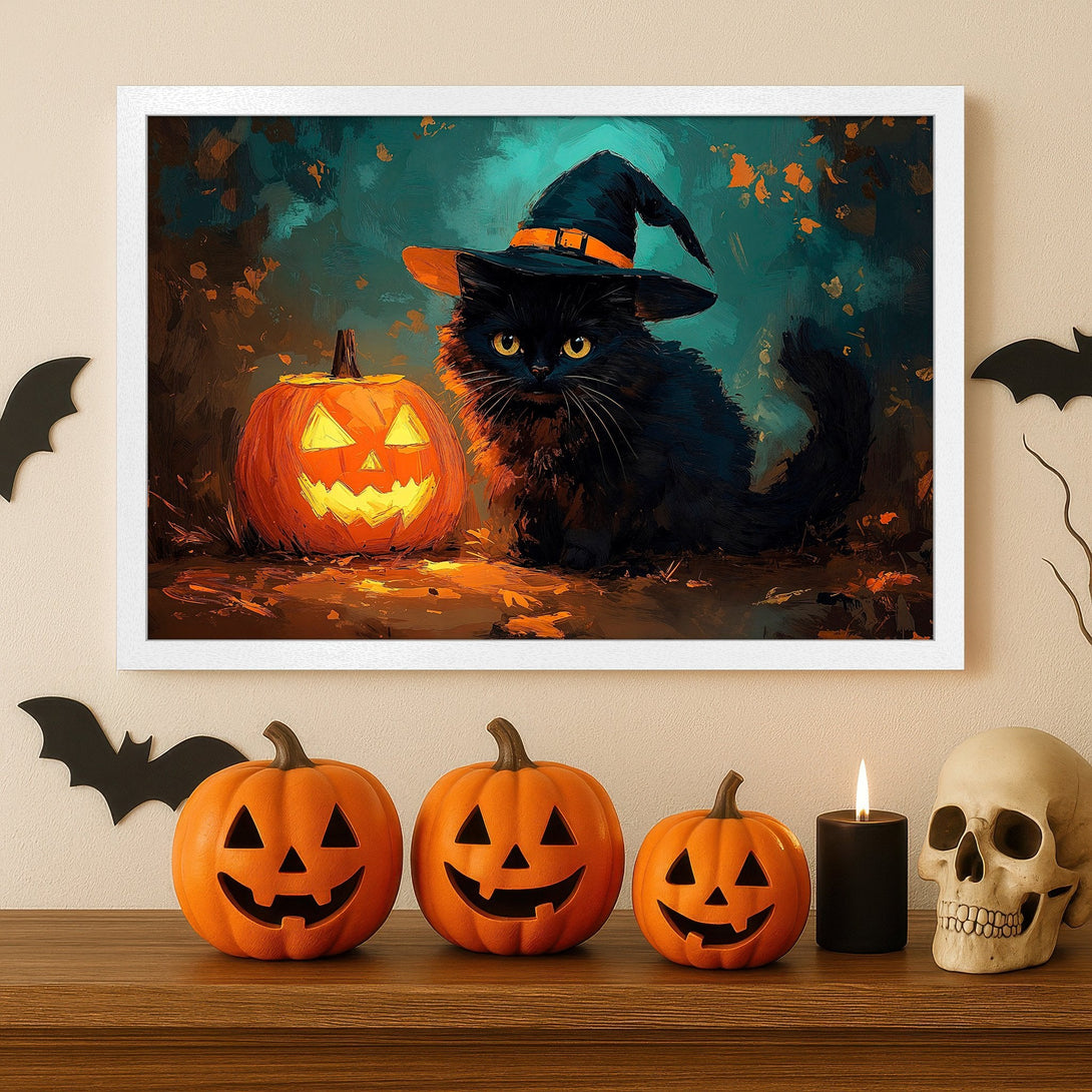 Framed Poster featuring a black cat in a witch hat and jack-o'-lantern, painted in a dark, expressive style with orange and teal colors.