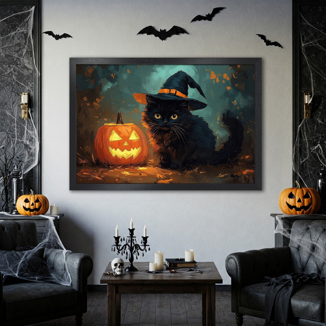 Framed Poster featuring a Halloween cat with pumpkin, in an expressive art style, with a dark, warm color palette.