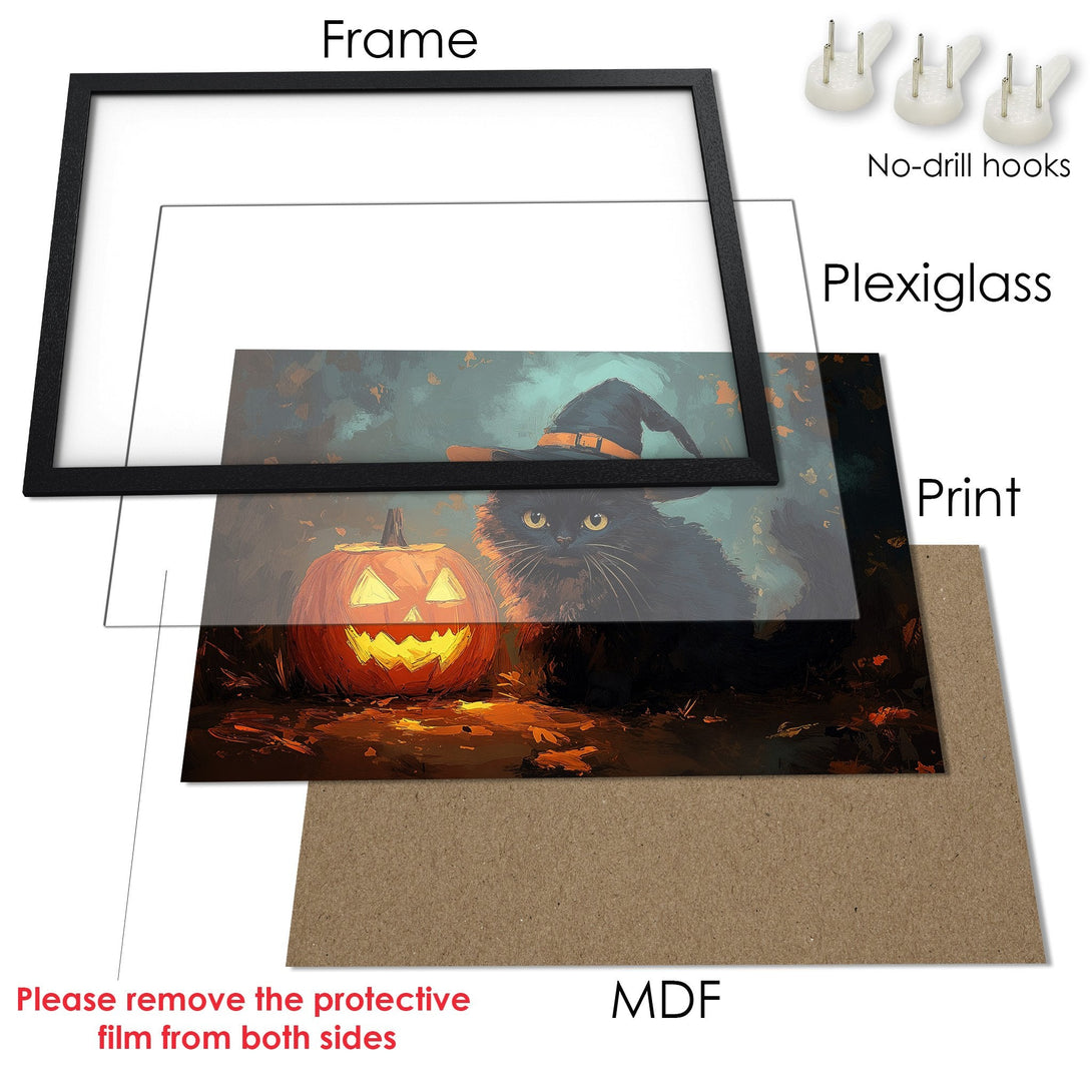 Framed Poster featuring a Halloween cat & pumpkin art print. Dark, moody color palette. Perfect fall decor!