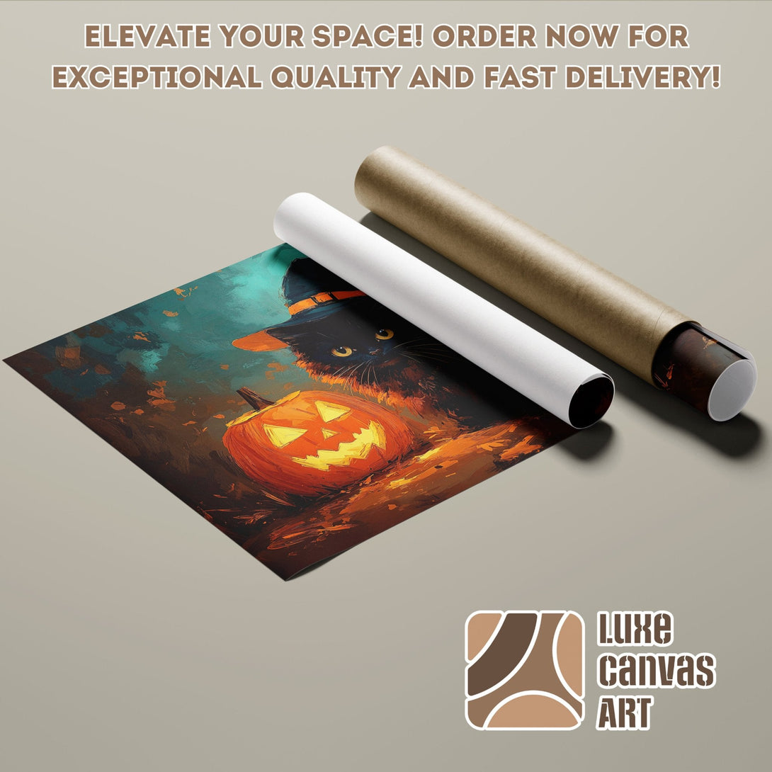 Poster Roll of Halloween Cat & Pumpkin Art in Teal, Orange, & Brown.