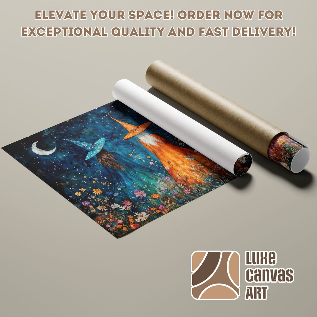 Poster Roll featuring whimsical witch art in a blue and orange color palette. Elevate your space!