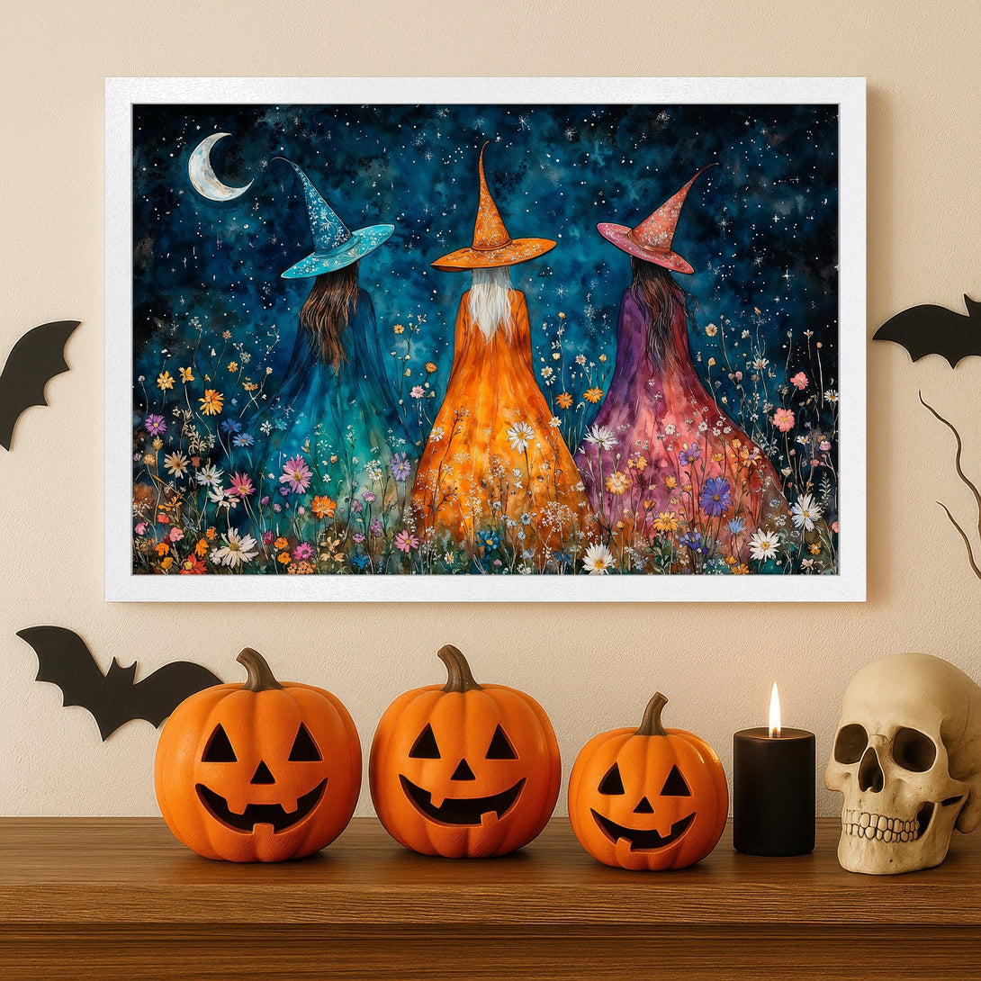 Framed Poster of witches in watercolor style, set against a starry night sky. Features a colorful palette with blues, oranges, and purples.
