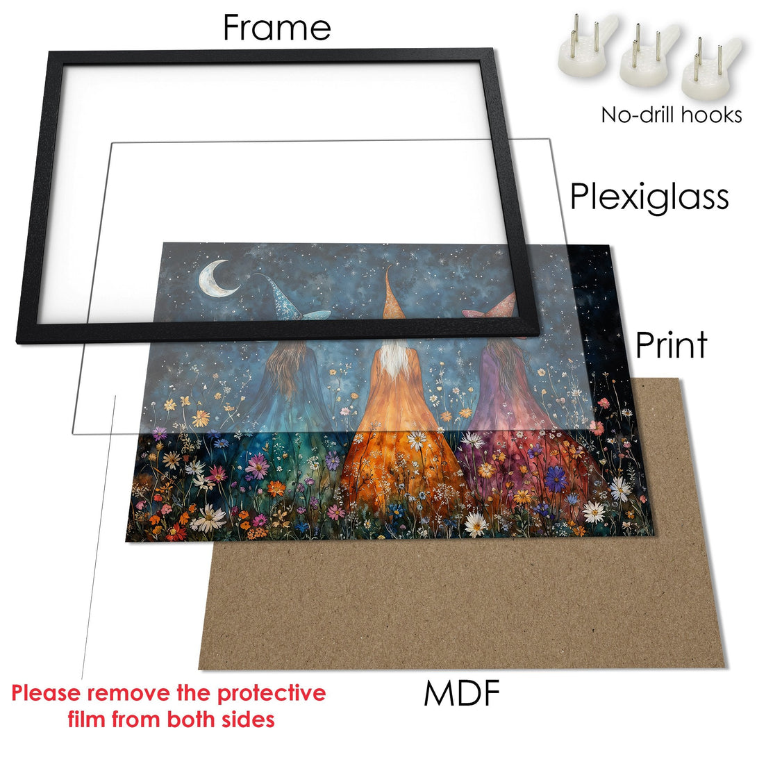 Framed Poster featuring whimsical figures in a dreamy night sky with a colorful floral foreground. Dark blue, orange, and purple tones.