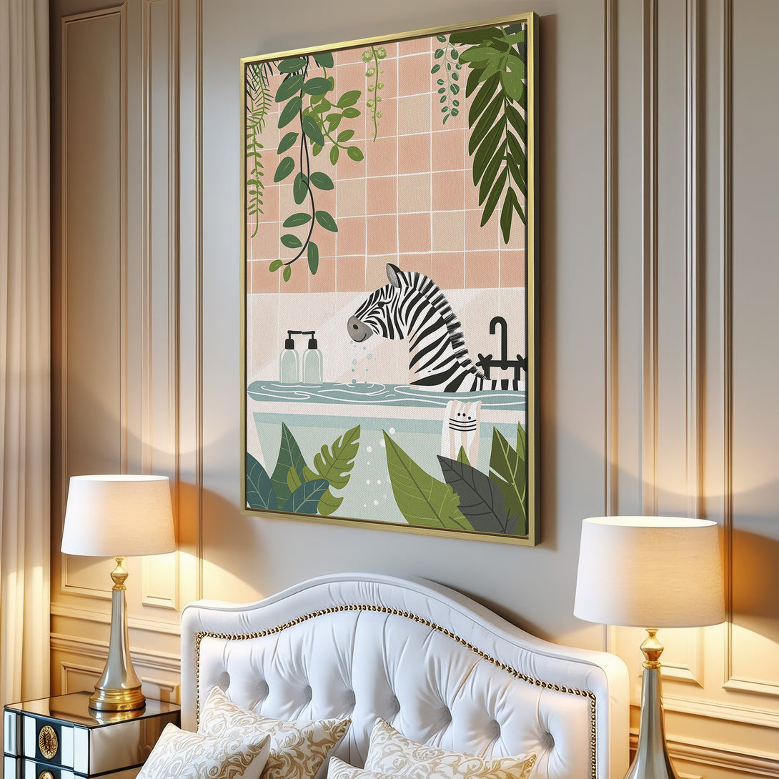 Canvas Print featuring a whimsical zebra in a bathtub. Modern, illustrated style with a calming green, pink, and neutral palette. Perfect for adding art to your home!