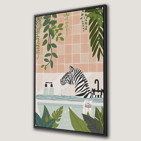 Framed Wall Art: Whimsical zebra in a bath, illustrated style with green, pink, and blue tones. Perfect for adding a touch of fun to your decor!