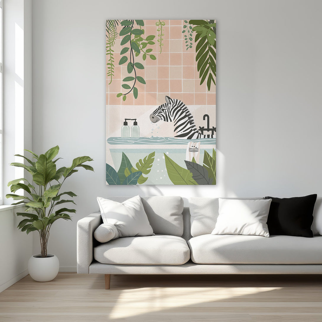 Framed Wall Art featuring a whimsical zebra in a bath, surrounded by lush green foliage and a soft pink backdrop. Modern, stylish decor.
