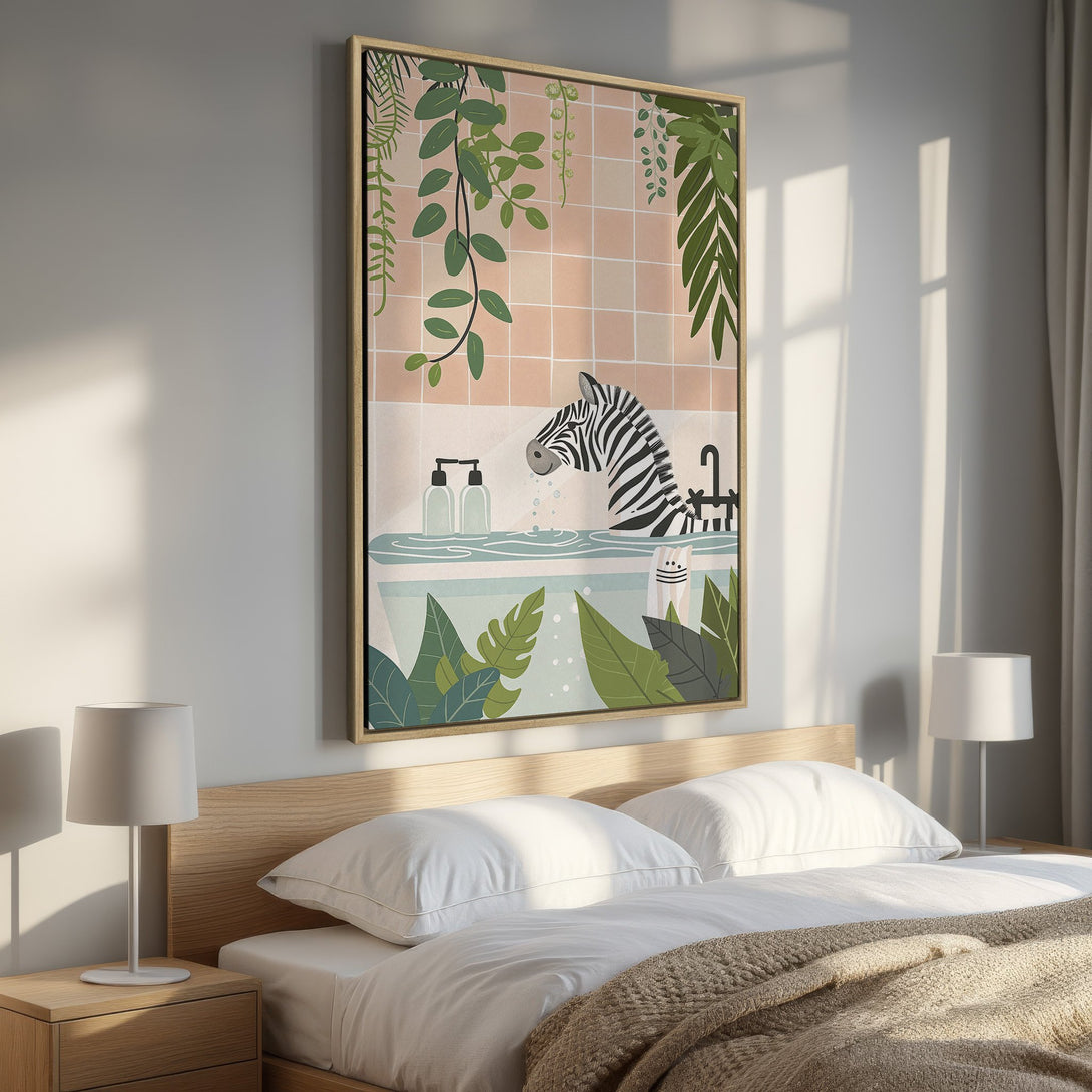 Framed Wall Art: Whimsical zebra in a bathtub print, featuring a playful illustration style. Soft green and pink color palette, perfect for adding a touch of fun to your space.