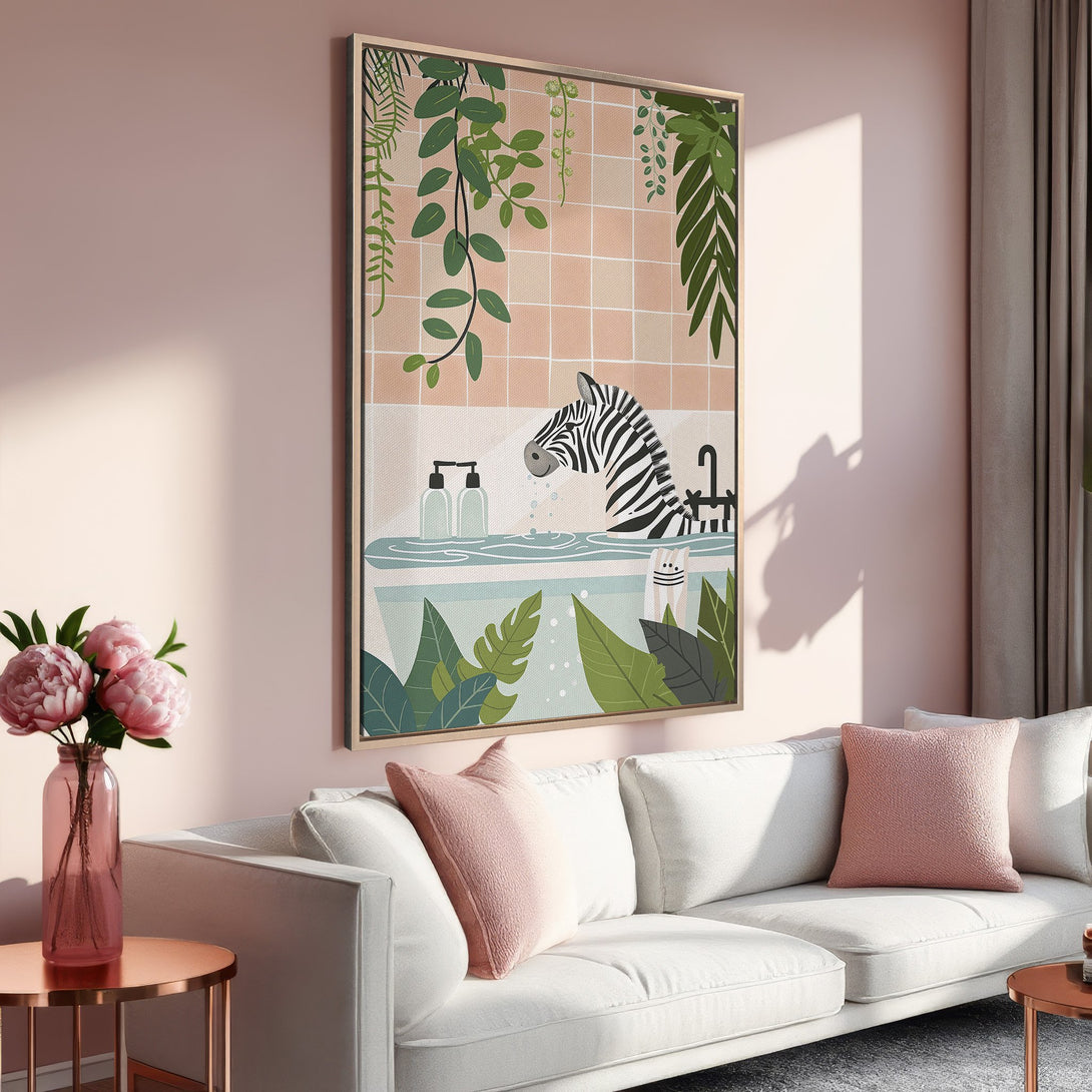 Framed Wall Art: Whimsical zebra in a bathtub print, botanical style, soft pink & green color palette. Perfect for adding a touch of fun to your home!