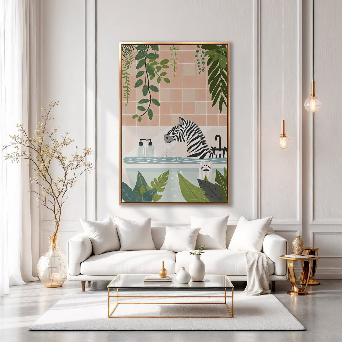 Framed Wall Art: Whimsical zebra in a bathtub, botanical illustration in a gold frame. Adds a touch of fun to any room. Modern style, neutral & green palette.