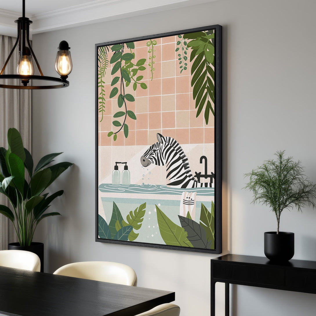 Framed Wall Art featuring a zebra in a bathtub, whimsical illustration style. Soft color palette with green, pink, and blue tones. Perfect for modern home decor.