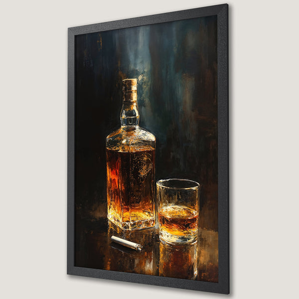 Framed Poster: Whiskey bottle and glass art print in a dark, moody style with warm brown and gold tones. Perfect wall decor!