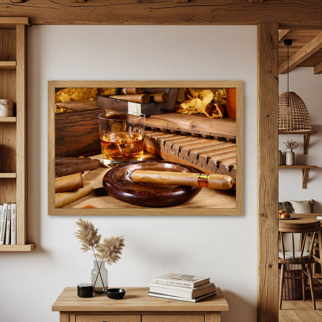 Framed Poster of cigars, whiskey, and wood decor. Warm, rustic style with a brown and gold color palette. Perfect for home decor.
