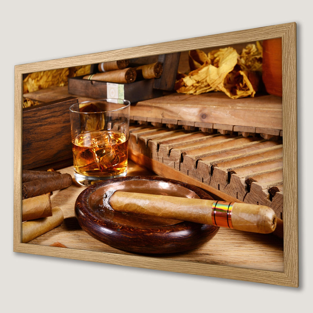 Framed Poster of cigars, whiskey, and ashtray. Warm, rustic tones and a classic, sophisticated style. Perfect for home decor.