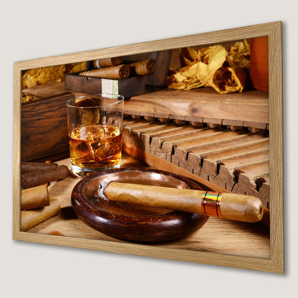 Framed Poster of cigars, whiskey, and ashtray. Warm, rustic tones and a classic, sophisticated style. Perfect for home decor.