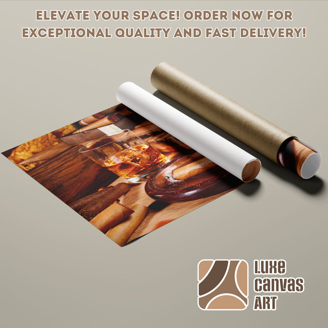 Poster Roll featuring cigars and whiskey, warm tones, perfect for home decor. Order now!