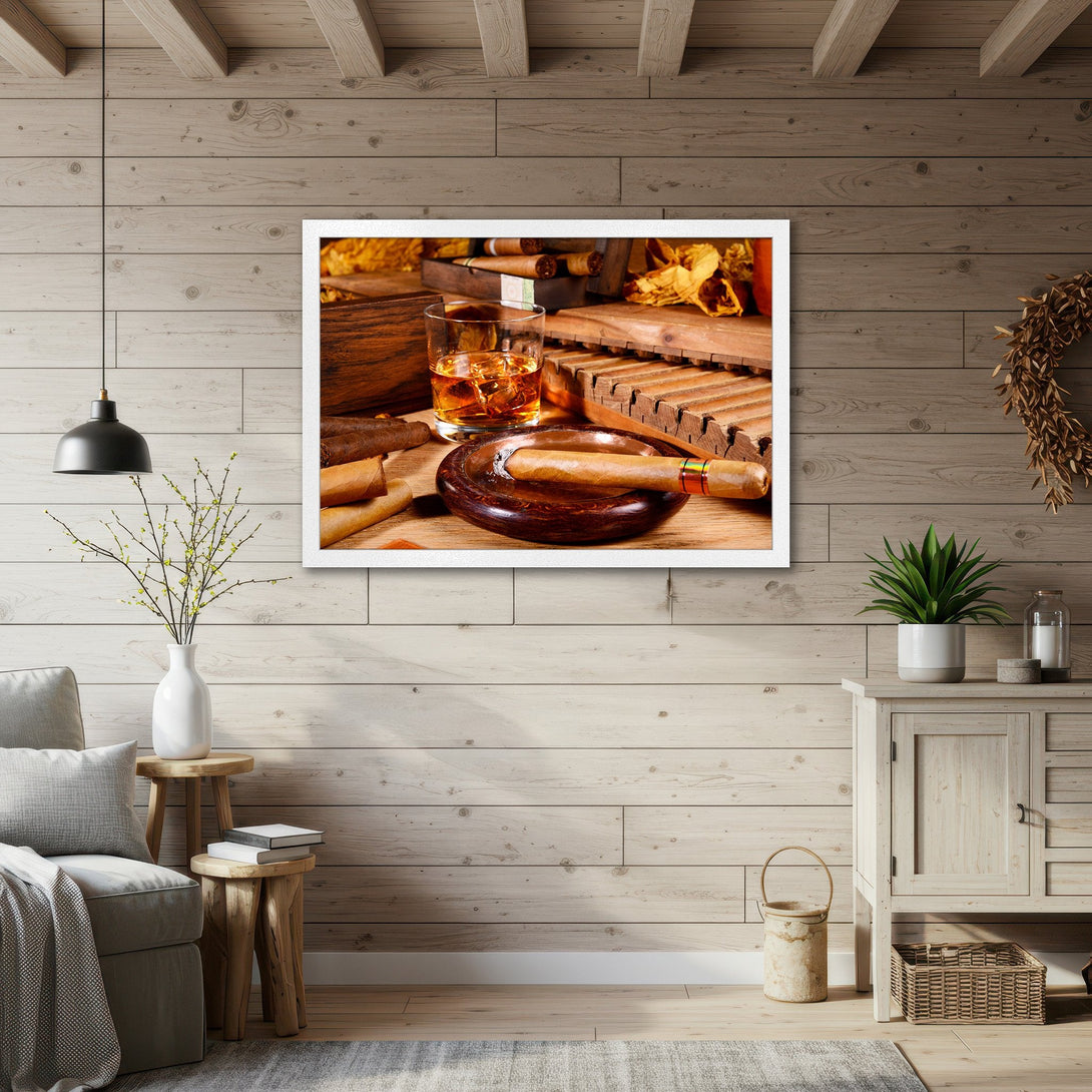 Framed Poster of cigars and whiskey, rustic style, warm brown and yellow tones. Perfect for your home bar!