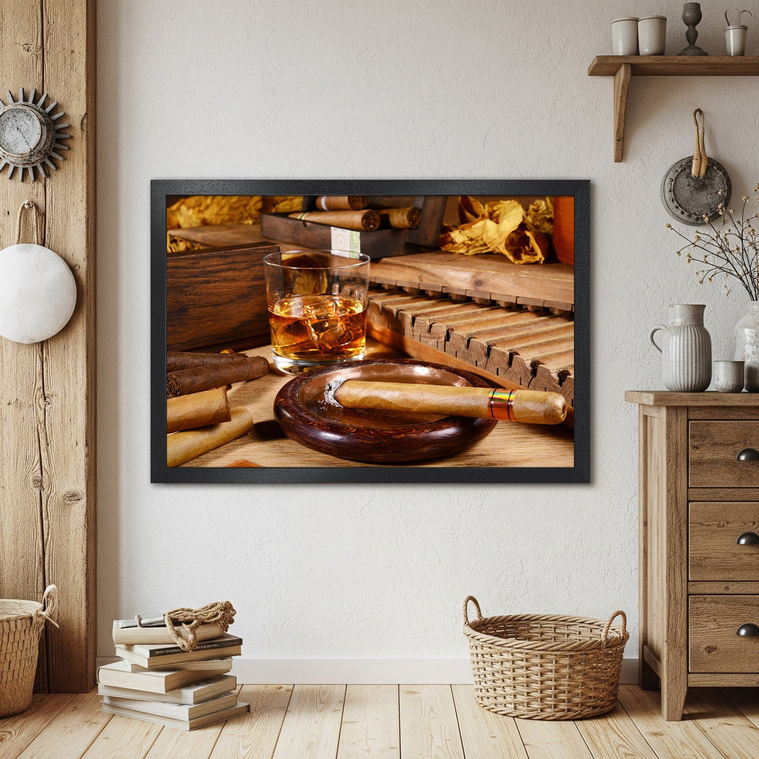 Framed Poster of cigars and whiskey, rustic style, warm brown and gold tones. Perfect for a sophisticated space.