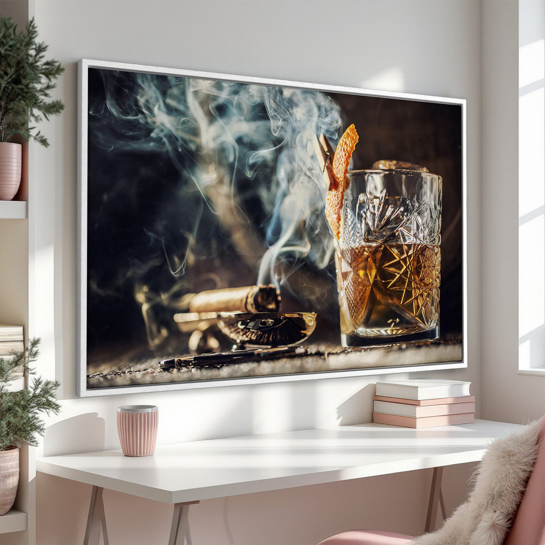 Framed Wall Art featuring a cocktail and cigar scene. Moody, sophisticated style with warm, neutral color palette. Perfect home decor.